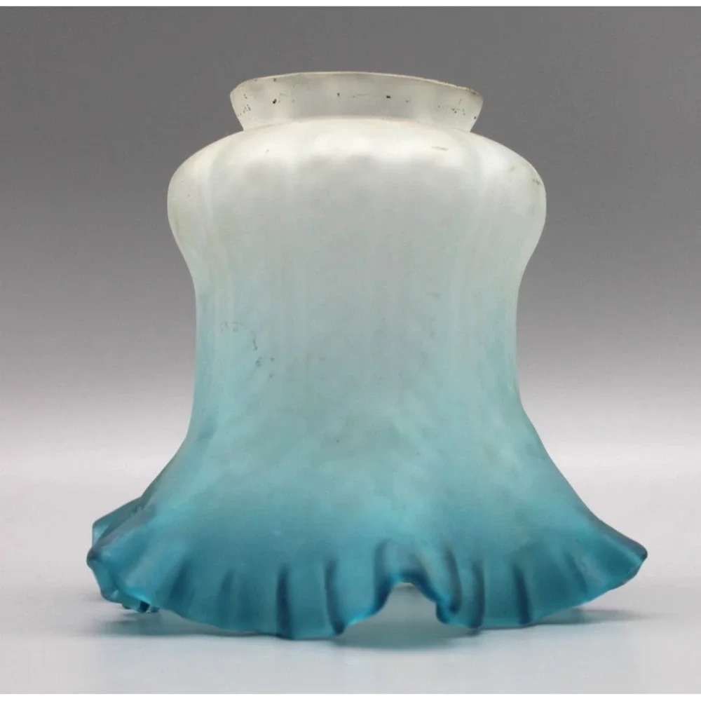 Vintage Art Nouveau Style Wall Sconce Blue Ruffled Glass Shade Bronze Tone